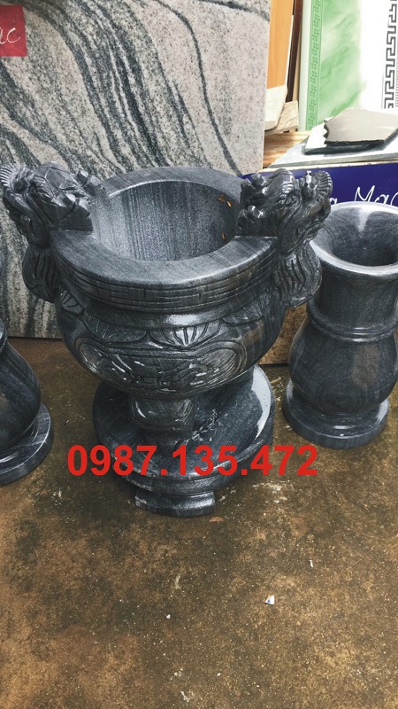 Lư hương tai rồng đá đen cẩm thạch